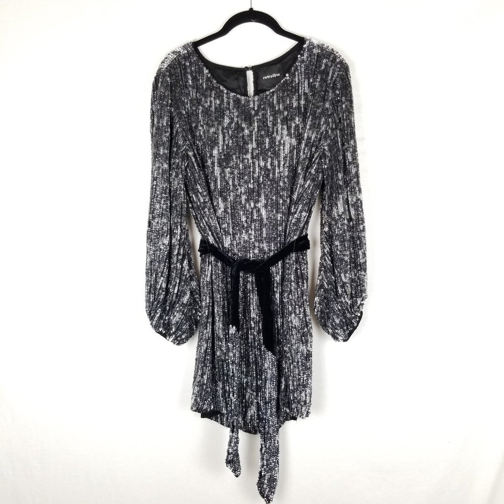 ✨ NWT Retrofête Emani Long Sleeve Sequin Mini Dress - Black/Silver (Size S) - Picture 9 of 15
